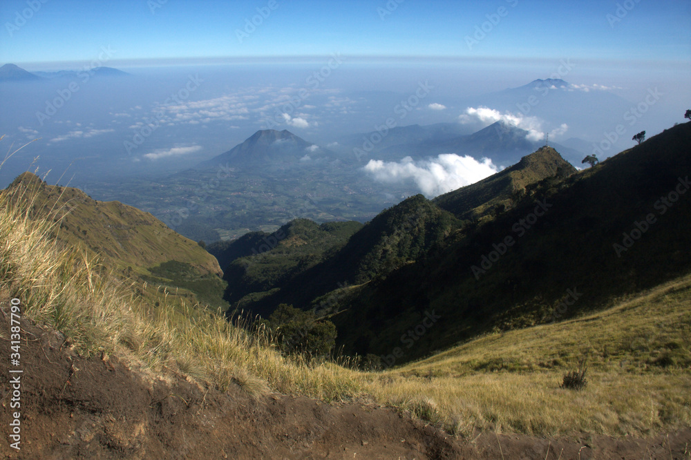 Landscape view from the merbabu mountain hiking trail. Central Java/Indonesia.