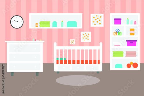 Baby room with furniture. Nursery and playroom interior. Flat style vector illustration.