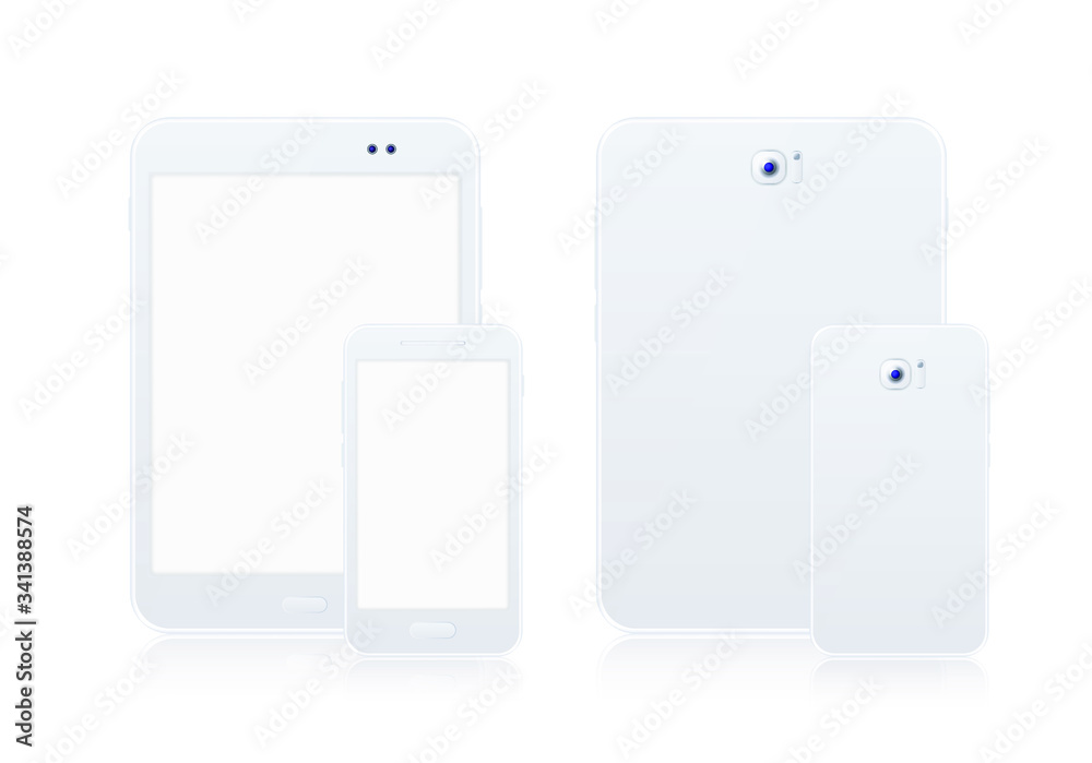 Realistic White Tablet and White Smartphone Mock Up with Blank Screen on White Background . Isolated Vector Elements Realistic White Tablet and White Smartphone Mock Up with Blank Screen on White Background . Isolated Vector Elements