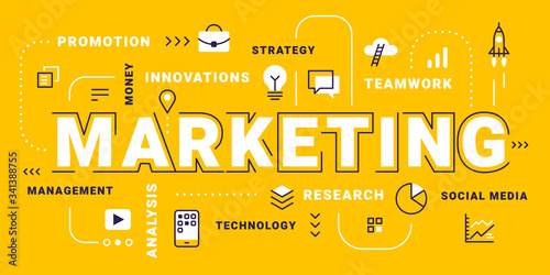 Vector creative business illustration of marketing word lettering typography with icon and tag cloud on yellow background.