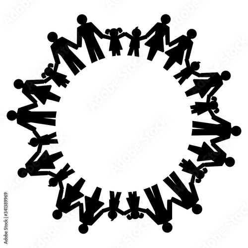 Men, women, boys and girls holding hands and standing in a circle. Pictograms of connected people forming a circle to express friendship, family, relationships and the society.  Illustration. Vector.