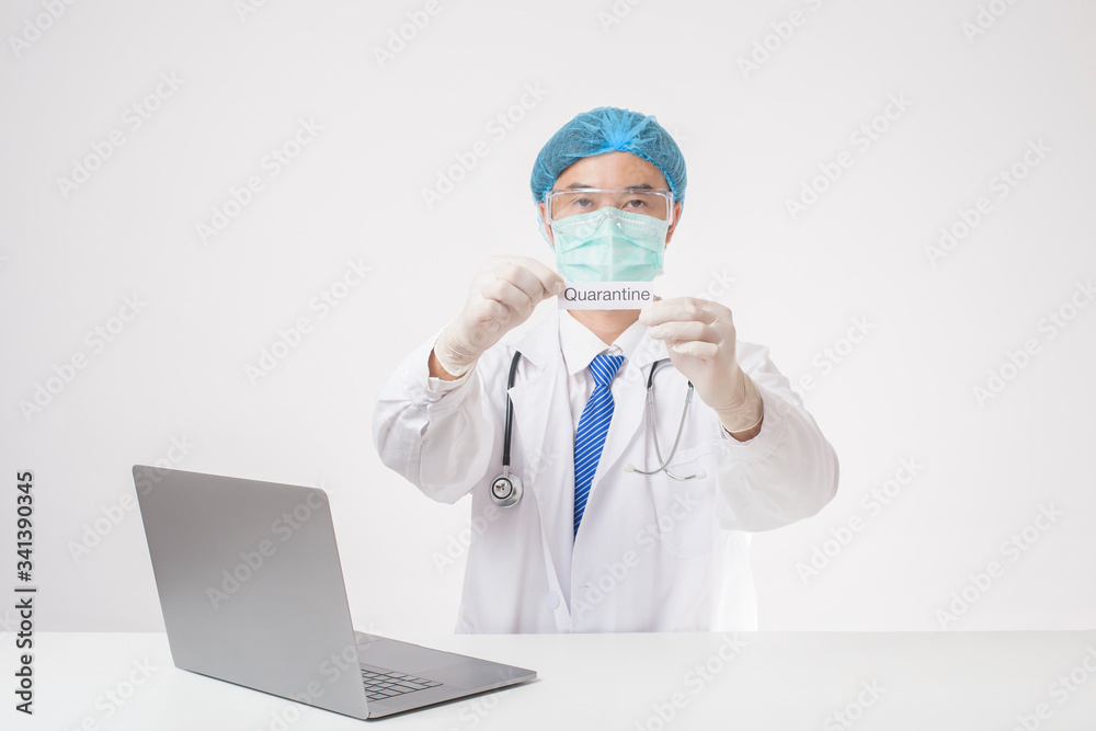 Fototapeta premium Doctor is holding quanrantine card on white background