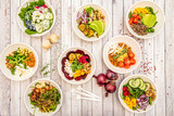 overhead shot of various healthy food dishes