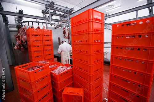 A lot of plastic red boxes with chopped fresh raw meat, a worker arranged a stored in a meat factory, industry process. Horizontal view. photo
