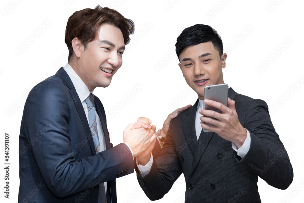 Two businessmen shaking hand and taking picture together on white background with clipping path; cooperation business with partnership Two businessmen shaking hand and taking picture together on white background with clipping path; cooperation business with partnership