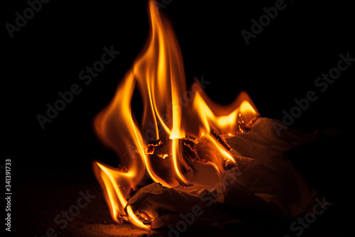 Flames from burning paper. Photographed close-up.
