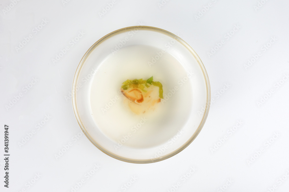 Plain chicken broth soup kuah sup served as gravy in glass bowl Plain chicken broth soup kuah sup served as gravy in glass bowl