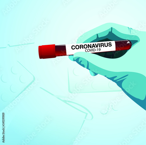 Hand in a blue medical glove with a test tube of blood with covid - 19 code for coronavirus in flat illustration. Vector illustration