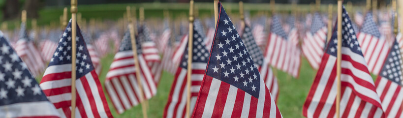 Panoramic row of lawn American flags display on green grass on Memorial Day in Dallas, Texas, USA