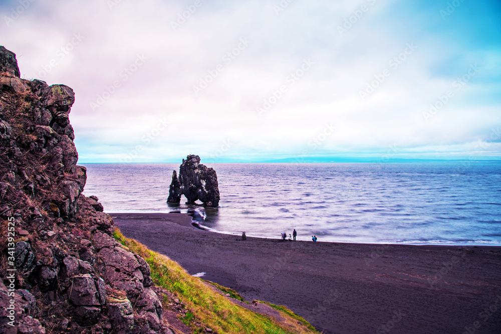 Beautiful dramatic landscape with extraordinary rock formation Hvitserkur on Vatnsnes peninsula in North-West Iceland. Exotic countries. Amazing places.