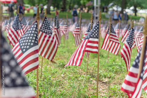 American flags on grass lawn and blurry people background on Memorial Day celebration