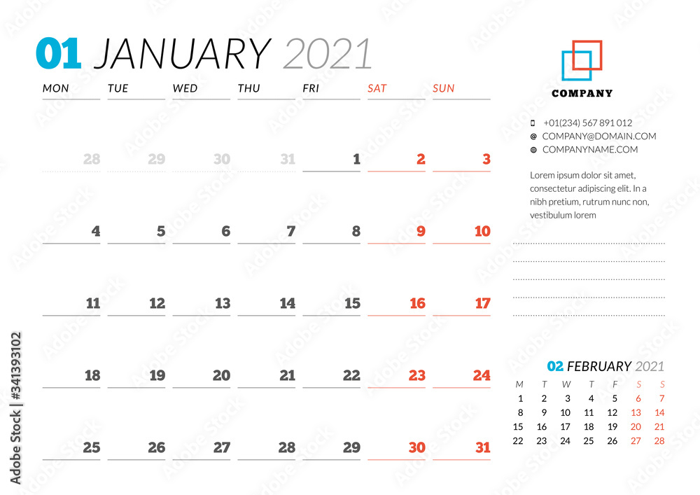 Week Chart January Examples Corporate design planner template for January 2021. Monthly planner ...