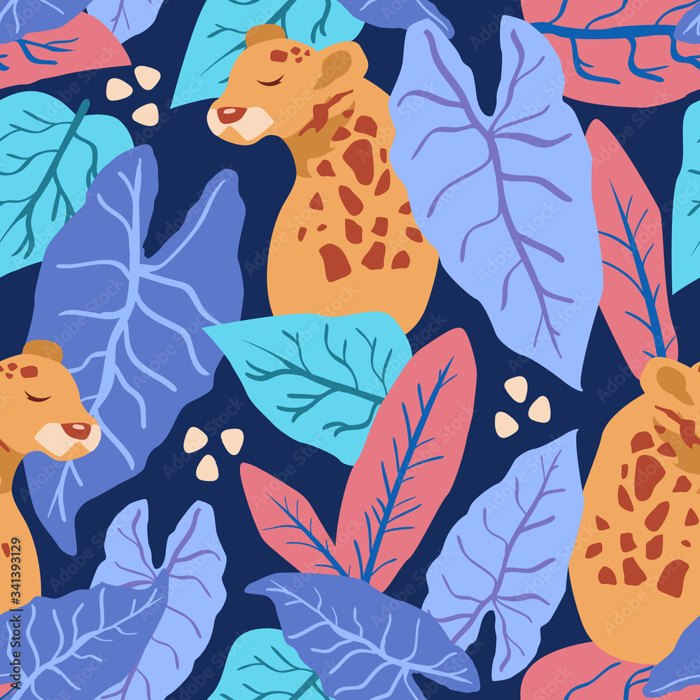 Obraz premium Tropical leaves with leopard seamless pattern. Vector background