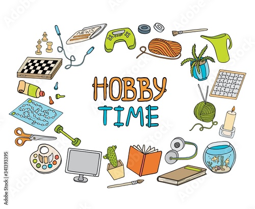 Outline colorful doodle hobbies set. Stay home concept. Top table and video games, painting, reading, sport, knitting, gardening vector illustration. Hand drawn elements on white for banners, design