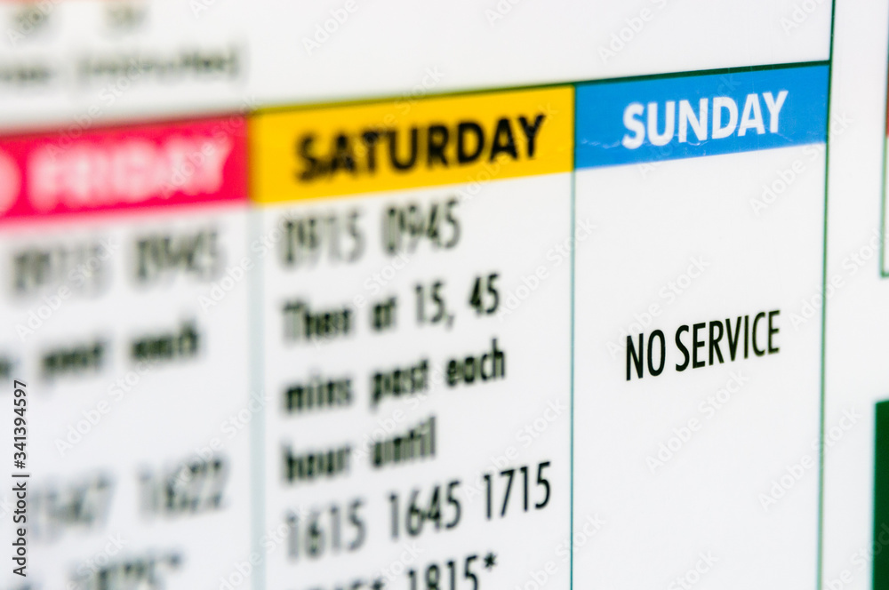 Obraz premium Closeup of a bus timetable showing no Sunday service