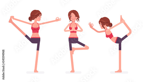 Young yogi woman practicing yoga, doing Utthita Hasta Padangustasana, Extended Hand to Big Toe exercise, Natarajasana, Lord of Dance and Vrksasana, Tree pose. Vector flat style cartoon illustration