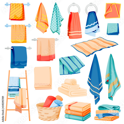 Bathroom and kitchen cotton towels collection. Vector illustration of bath and spa toiletries. Textile hygiene items