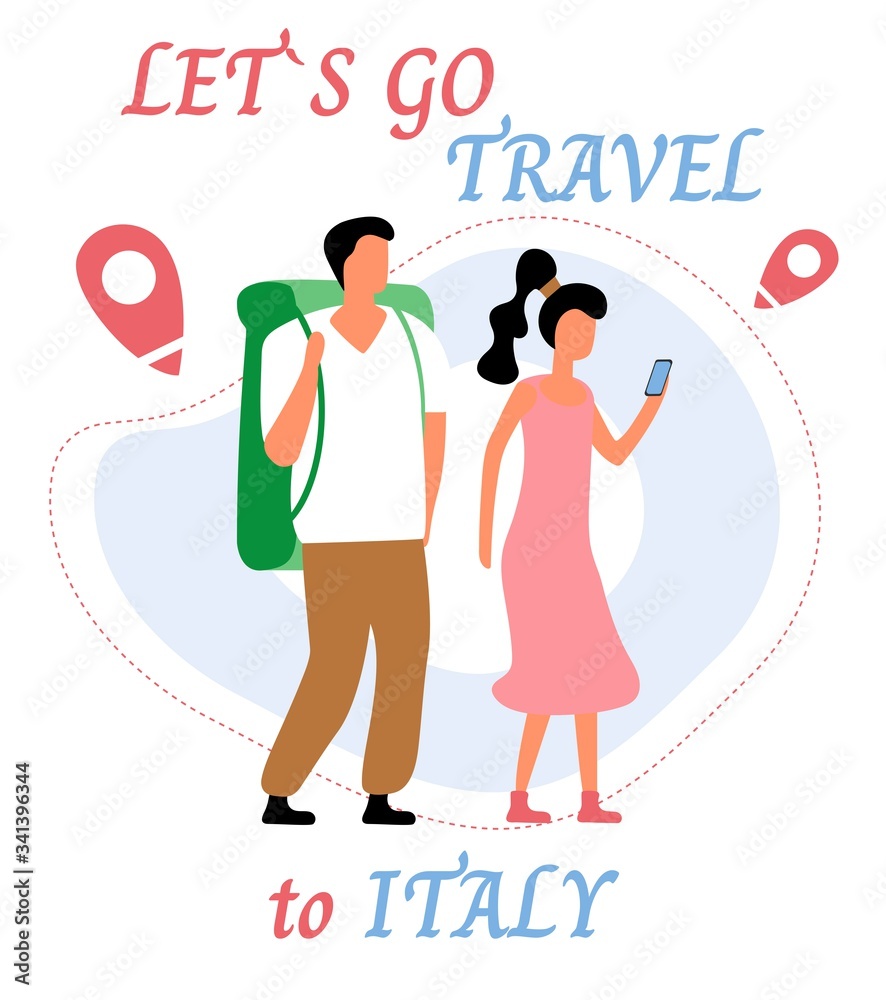 Lets go travel italy. Young romantic couple during hiking adventure travel or camping trip. Flat colorful vector illustration.