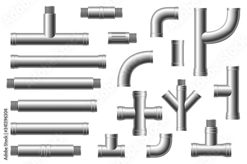 Chrome pipes with flange and screws. Different types collection of water tube. Industry gas valve