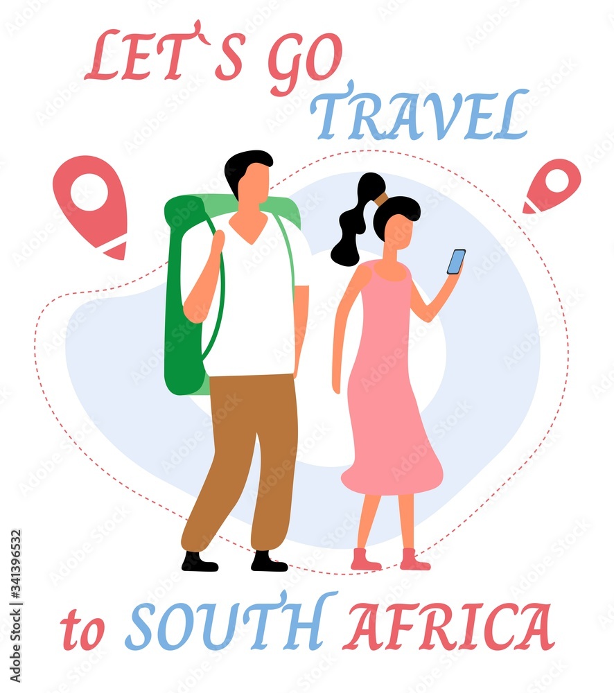 Lets go travel to sauth africa. Young romantic couple during hiking adventure travel or camping trip. Flat colorful vector illustration.