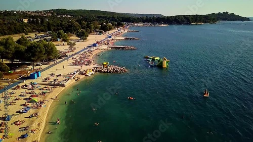 Aerial view of Stinjan Beach with Inflatable Water Park, Pula, Istria, Croatia photo