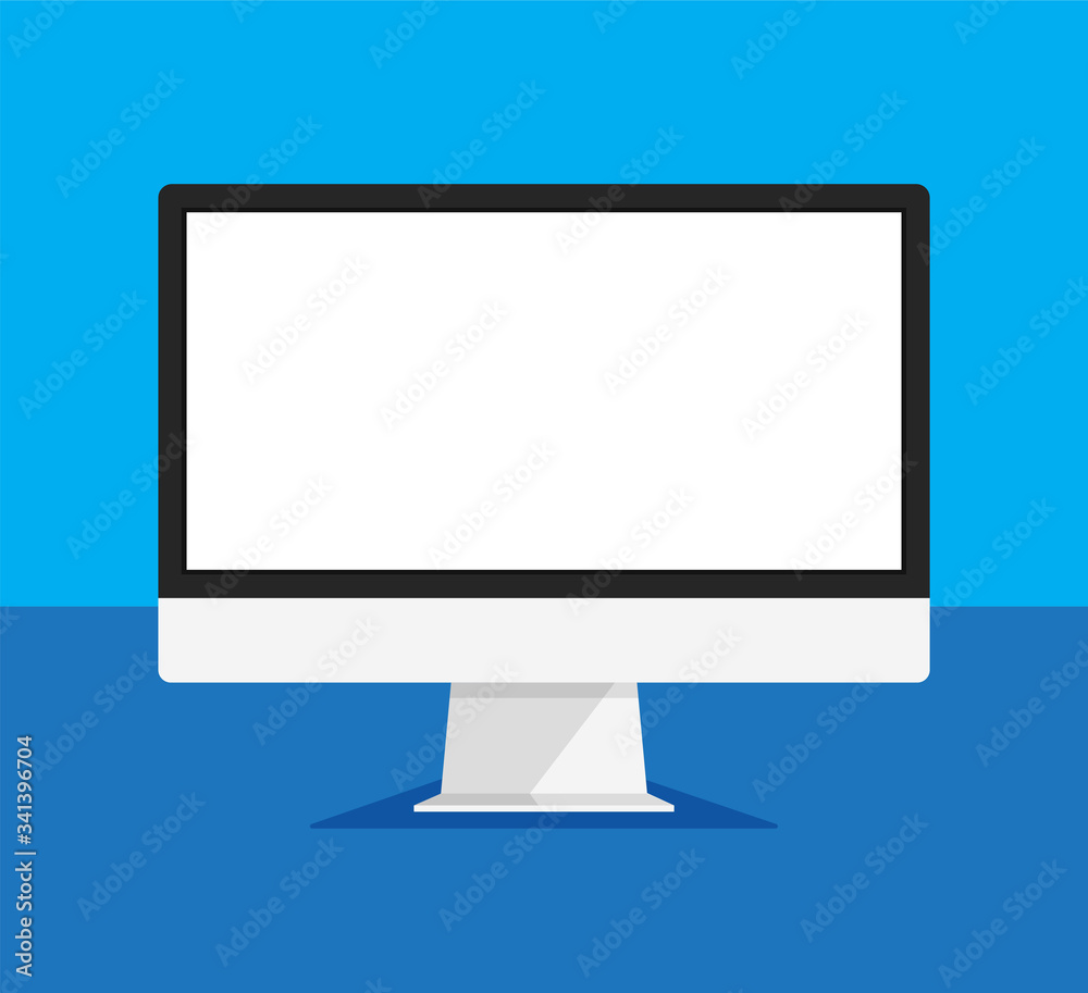 Computer monitor in a trendy flat style. Empty or blank display screen. Computer mock up isolated on blue background. Equipment for office. Vector illustration. Computer monitor in a trendy flat style. Empty or blank display screen. Computer mock up isolated on blue background. Equipment for office. Vector illustration.