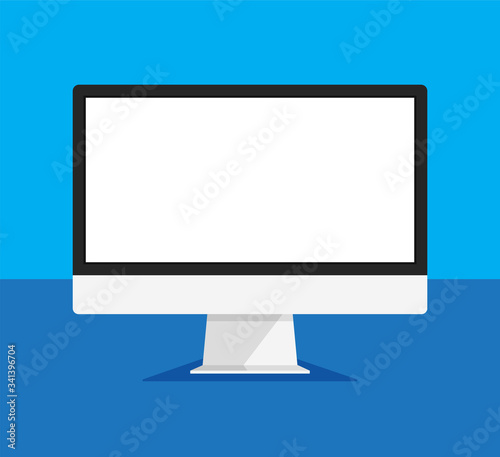 Computer monitor in a trendy flat style. Empty or blank display screen. Computer mock up isolated on blue background. Equipment for office. Vector illustration. 