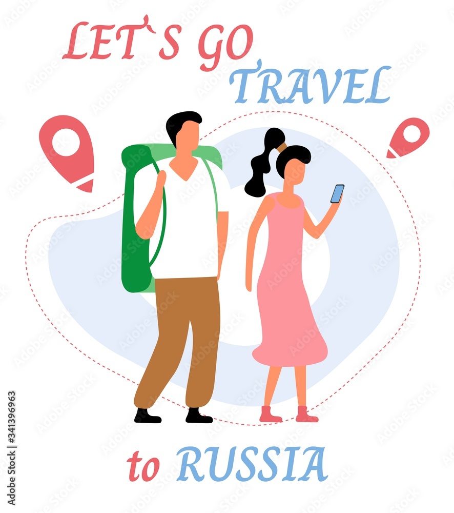 Lets go travel to russia. Young romantic couple during hiking adventure travel or camping trip. Flat colorful vector illustration. Lets go travel to russia. Young romantic couple during hiking adventure travel or camping trip. Flat colorful vector illustration.