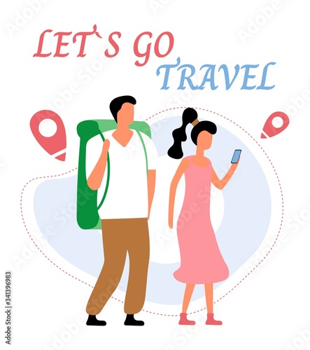 Lets go travel. Young romantic couple during hiking adventure travel or camping trip. Flat colorful vector illustration.