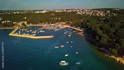 Aerial view of Stinjan Beach with Boats and Yachts Dock, Pula, Istria, Croatia photo