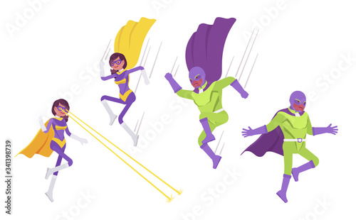 Male and female super hero in attacks or defense pose. People with superhuman powers  heroic strong brave warriors with great extraordinary abilities. Vector flat style cartoon illustration