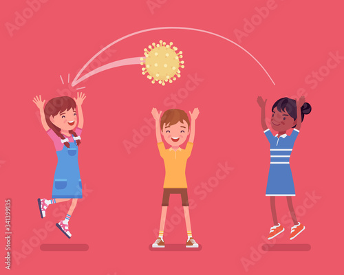 Kids playing dangerous game, virus ball. Unsafe children having fun without protection measures, non regarding contagious disease risk factors during epidemic. Vector flat style cartoon illustration