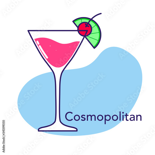 Alcoholic cocktail - cosmopolitan with lime and cherry isolated on white background. Vector illustration