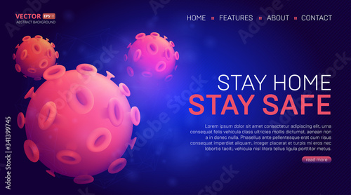 Stay home and safe vector illustration with human coronavirus bacteria cell or microbes. Covid-19 awareness healthcare banner template for medical therapy web site design