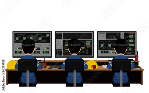 Three engineers are working at their workstation on white background.