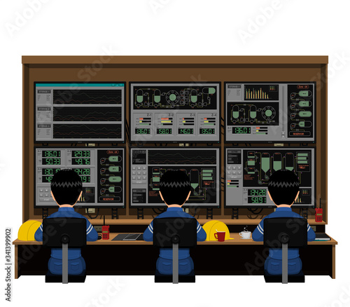 Three engineers are working at their workstation on white background.