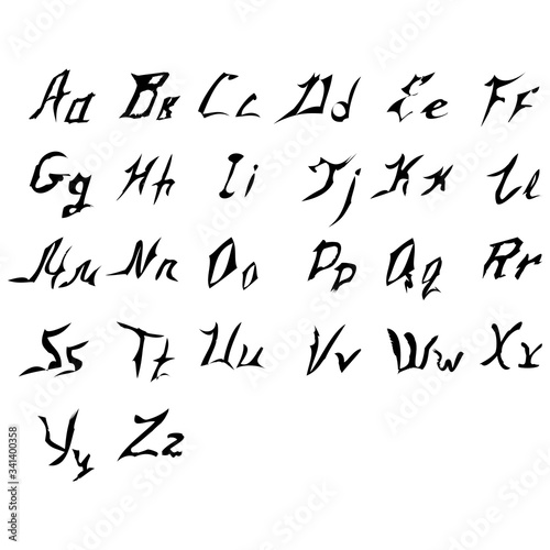 Black color handwriting of english alphabet on white background.