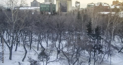 Timelapse of landscape, landscape of city park, garden, square with trees, with passers-by and people on a sunny winter day with sky and clouds photo