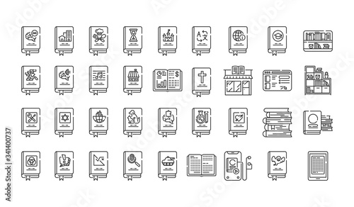 Genres of books black line icons set. Collection of all genres in literature. Pictogram for web page, mobile app, promo. UI UX GUI design element.