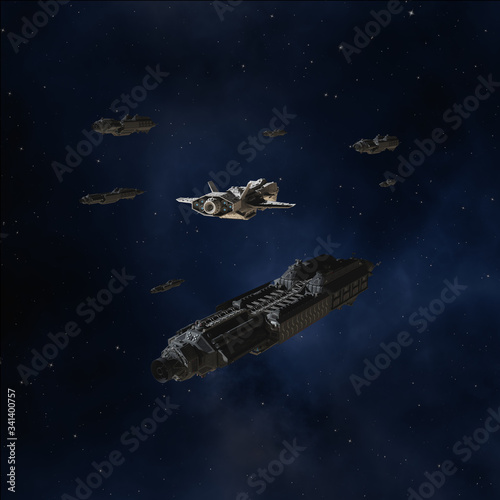 Science fiction illustration of an interstellar convoy in deep space with escort ships, 3d digitally rendered illustration © Algol