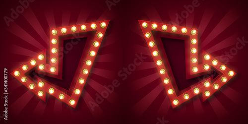 Set of two advertising signs, emblem for attracting customers. In the form of arrows looking left and right. With glowing light bulbs along the contour, in red and white beams. With a shadow.