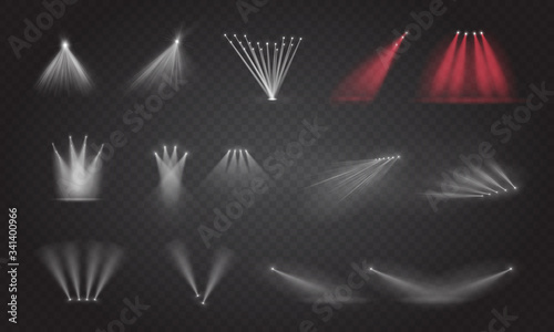 Set of scene illumination light, vector transparent flash light effect. Bright gold flashes and lighting with spotlights. Spot lighting of the stage.