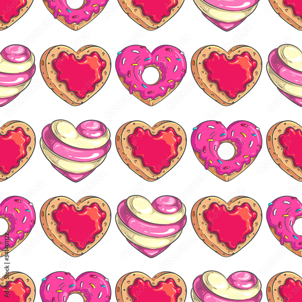Heart Shaped Donut, Candy and Cookie vector colorful seamless pattern. For backgrounds, package, menus, invitations and covers. Valentine's Day design. Menu decoration. Wedding designs decoration