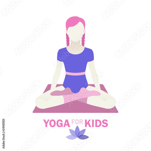 Kids yoga design concept with girl in yoga position. Little girl sitting in lotus position