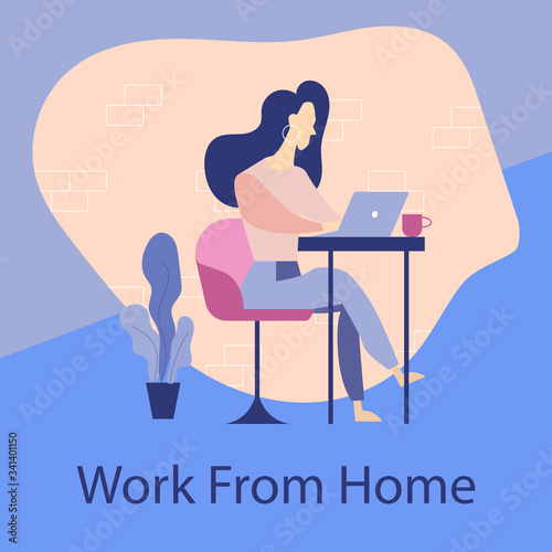 woman cartoon character flat vector illustration with laptop, work from home or work at home concept, dua to pandemic covid19. 