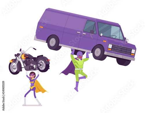 Male, female super hero in bright costume carrying bike, van. Heroic strong brave warriors, superpower people having super powers, great extraordinary abilities. Vector flat style cartoon illustration