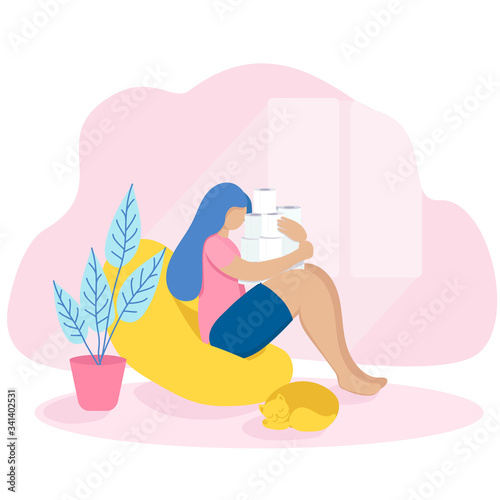 Self-sufficient independent woman, succumbing to a general panic, is stinging in her apartment with a pile of toilet paper. She feels secure. Vector illustration eps10.How to survive self-isolation.