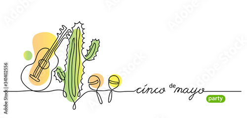 Cinco de mayo, means 5 May, party simple vector background. Mexican minimalist illustration and cinco de mayo handwritten text. One continuous line drawing of cactus, maracas, guitar.
