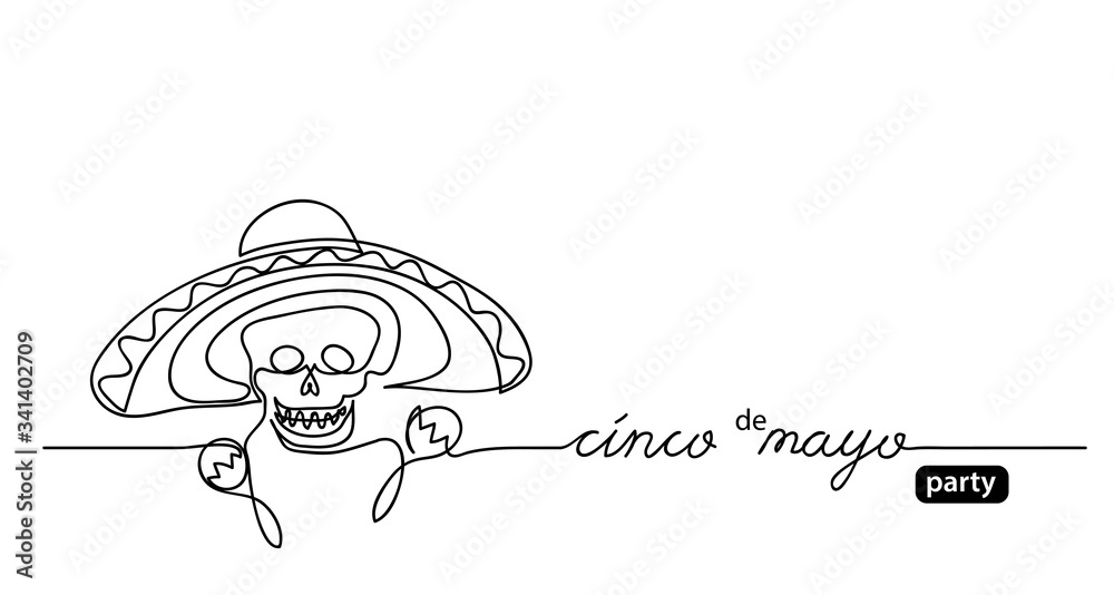Sombrero, maracas, skull black and white mexican illustration. Cinco de mayo, means 5 May, party vector simple background, poster.One continuous line drawing Sombrero, maracas, skull black and white mexican illustration. Cinco de mayo, means 5 May, party vector simple background, poster.One continuous line drawing