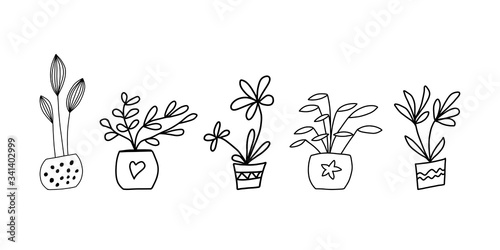 Set of cute hand drawn flowerpots. Doodle icon elements. Isolated on white background. Vector stock illustration.